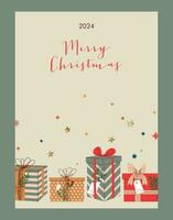 glad jul hälsning kort med gåva lådor. hand dragen klotter närvarande lådor. vektor illustration. design för affisch, fest inbjudan, broschyr eller flygblad mall med Semester presenterar.