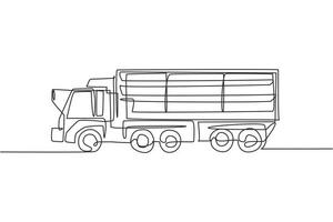 Eine einzige Strichzeichnung der Vektorillustration des langen LKW-Anhängers. gewerbliche Nutzfahrzeuge. schwere maschinenfahrzeuge für logistisches lieferkonzept. modernes Grafikdesign mit durchgehender Linie