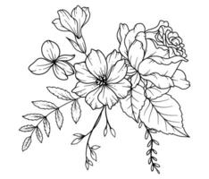 vild linje teckning. svart och vit blommig buketter. blomma färg sida. blommig linje konst. bra linje vild illustration. hand dragen blommor. botanisk färg. bröllop inbjudan blommor vektor