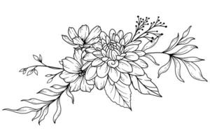 Wildblumen Linie Zeichnung. schwarz und Weiß Blumen- Blumensträuße. Blume Färbung Buchseite. Blumen- Linie Kunst. fein Linie Wildblumen Illustration. Hand gezeichnet Blumen. botanisch Färbung. Hochzeit Einladung Blumen vektor