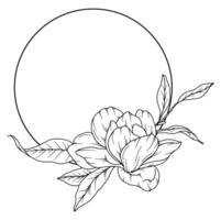 Magnolie Linie Zeichnung. schwarz und Weiß Blumen- Rahmen. Blumen- Linie Kunst. fein Linie Magnolie Illustration. Hand gezeichnet Gliederung Blumen. botanisch Färbung Buchseite. Hochzeit Einladung Blumen vektor