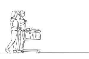 Eine durchgehende Linie, die zwei junge Schönheitsfrauen zeichnet, die im Supermarkt einkaufen und Trolley zusammenschieben, um tägliche Bio-Produkte zu kaufen. Shopping-Konzept. einzeilige designillustration vektor