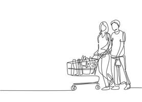 einzelne durchgehende Linie, die junges glückliches romantisches Paar zeichnet, das Trolley schiebt und tägliche Waren zusammen im Hypermarkt einkauft. Shopping-Konzept. eine linie zeichnen vektorgrafikdesignillustration vektor