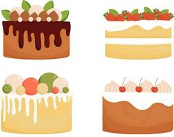 uppsättning av annorlunda utsökt kakor isolerat på vit. dekorerad desserter med körsbär, jordgubbar, löv och macaroons. vektor