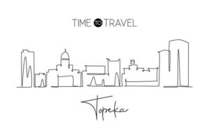Eine einzige Linie, die die Skyline der Stadt Topeka, Kansas, zeichnet. welthistorische Stadtlandschaft. beste Urlaubszielpostkarte. Bearbeitbarer Strich trendige durchgehende Linie zeichnen Design-Grafik-Vektor-Illustration vektor