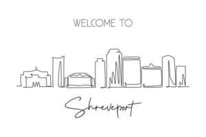 en enda radritning shreveport city skyline, louisiana. världshistoriskt stadslandskap. bästa semestermål vykort. redigerbar stroke trendig kontinuerlig linje rita design vektor illustration