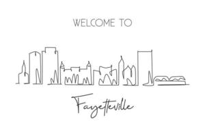 einzelne durchgehende Strichzeichnung der Skyline von Fayetteville, North Carolina. berühmte stadtkratzerlandschaft. Weltreise-Wand-Dekor-Kunst-Plakat-Druckkonzept. moderne eine linie zeichnen design-vektorillustration vektor