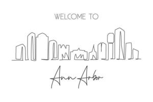 en kontinuerlig ritning av ann arbor city skyline, michigan. vackert landmärke. världens landskapsturism resa hem väggdekoraffisch. snygg enkel linje rita design vektor illustration