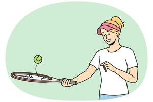 lächelnde junge frau in uniform, die badminton spielt. glückliches mädchen mit schläger und ball genießen spiel im freien. Sport und Hobby. Vektor-Illustration. vektor