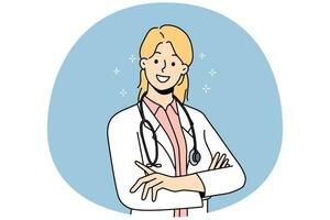 leende kvinna läkare i vit medicinsk enhetlig känna positiv och optimistisk. Lycklig kvinna gp eller terapeut Framställ som visar ledarskap kvaliteter. medicin. vektor illustration.