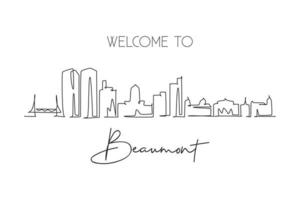 en kontinuerlig linje ritning beaumont city skyline, texas. vackert landmärke konstskylt. världens landskapsturism resa hem väggdekoraffisch. snygg enkel linje rita design vektor illustration