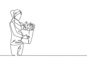 Eine einzige Linie, die junge glückliche Frau mit Lebensmittelpapiertüte mit Obst, Gemüse, Brot, Milch im Inneren zeichnet. Handelskonzept für den Einzelhandel. Designillustration mit durchgehender Linie zeichnen vektor