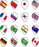 einstellen von Symbole von Welt Flaggen im das bilden von ein Karte unterzeichnen. Spanien, Frankreich, Italien, Russland, Deutschland, USA, Kanada, Indien, Saudi Arabien, Indien, Japan und Korea vektor
