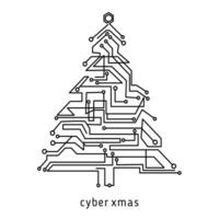 abstrakt teknologisk jul träd .mikrokrets pattern.logo, emblem, tryck, ikon design.outline teckning stil.krets styrelse i de form av en tall träd.vektor illustration.svart och vit teckning vektor