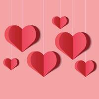 papper skära hjärtan på strängar av hjärtans dag bakgrund.vektor illustration.mall för hälsning kort, baner, affisch.romantisk bakgrund med röd papper hantverk konst hjärtan vektor