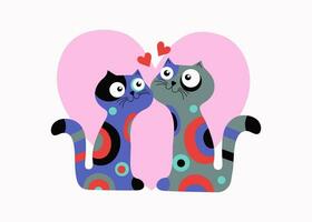 hell mehrfarbig Karikatur Katzen mit Herzen, Katzen im Liebe. Valentinstag Tag Postkarte Design. süß glücklich Paar von Kätzchen. Vektor Illustration.