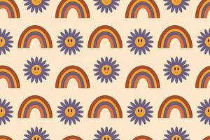 sömlös häftig mönster. blomma och regnbåge på en beige bakgrund. retro mönster i 70s stil för tapet, kläder, kort, bakgrunder, fall, papper vektor
