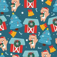 sömlös mönster tecknad serie Björn med jul träd och jul element. söt jul tapet för kort, gåva slå in papper vektor