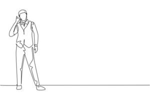 Single One Line Drawing Steward steht in Uniform mit Call me Geste Bereiten Sie sich am Flughafen vor, während die Crew zu ihrem Ziel fliegt. moderne durchgehende Linie zeichnen Design-Grafik-Vektor-Illustration vektor