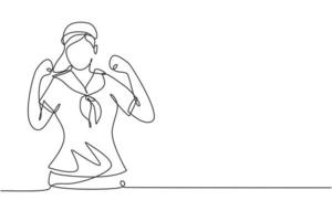 einzelne durchgehende Linie, die Seemannsfrau mit feiernder Geste und Schal um ihren Hals zeichnet, die bereit sind, über Meere im Schiff unter der Leitung des Kapitäns zu segeln. dynamische eine linie zeichnen grafikdesign vektorillustration vektor