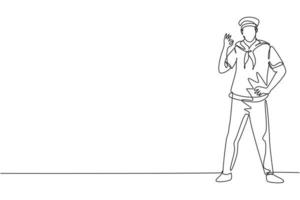 Single One-Line-Zeichnung Seemann steht mit Geste in Ordnung und Schal um den Hals beitreten Kreuzfahrtschiff mit Passagieren, die über Meere reisen. durchgehende Linie zeichnen Design-Grafik-Vektor-Illustration vektor