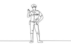 Kontinuierlicher einzeiliger Polizist, der mit Geste in Ordnung steht und volle Uniform arbeitet, um den Fahrzeugverkehr auf der Autobahn zu kontrollieren. Bereitschaft auf Patrouille. Einzeilige Zeichnung Design Vektorgrafik Illustration