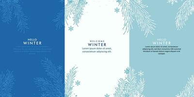 Sammlung von Winter Vektor Design Hintergründe mit Kiefer Geäst und Schneeflocken Thema Design. zum Karte Banner, Poster, Sozial Medien, Aktionen