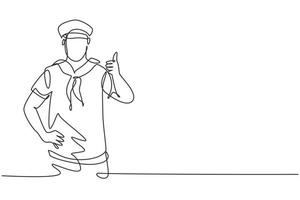 enda kontinuerlig linje som tecknar en sjöman med en tumme upp gest redo att segla över havet i ett fartyg som leds av en kapten. dynamisk en linje rita grafisk design vektor illustration.