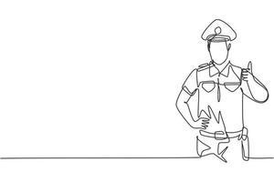 Durchgehend eine Linie ziehend, ist der Polizist mit Daumen-hoch-Geste und in voller Uniform bereit, die Verkehrsdisziplin auf der Autobahn durchzusetzen. einzelne Linie zeichnen Design-Vektor-Grafik-Darstellung. vektor