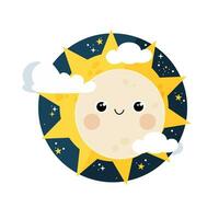 süß lächelnd Mond Charakter mit Sonnenlicht hinter. Vektor Design von Solar- Finsternis zum Kinder Bildung.