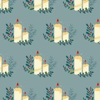 elegant nahtlos Muster mit warm Komposition von zwei Kerzen und Winter Pflanzen. Hand gezeichnet Vektor Design auf grau Hintergrund.