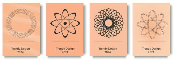 geometrisk omslag broschyr uppsättning i modern Färg 2024 persika ludd design. affisch mallar med abstrakt enkel minimal former av rutor, cirklar, pilar, prickar och halvton grafik, kurvor och rader. vektor