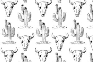 nahtlos Muster wild Westen Kaktus und Schädel von Tier. Vektor Illustration im Hand gezeichnet skizzieren. können benutzt zum Textil, drucken zum Sublimation, Karte, Tapeten. Cowboy Muster im retro Stil.