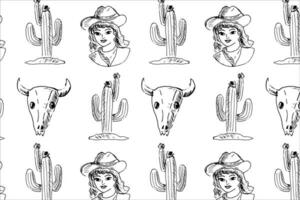 wild Westen nahtlos Hintergrund mit Cowgirl, Kaktus. Schädel von Tier. Vektor Illustration im Hand gezeichnet skizzieren Stil. können benutzt zum Kleider drucken, Textil, Hintergrund. retro Jahrgang skizzieren von Cowgirl.