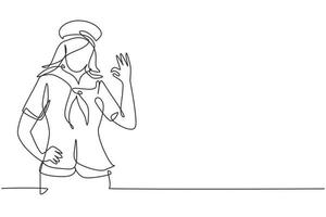 enda en linje ritning sjöman kvinna med gest okej och halsduk runt halsen redo segla över havet i ett fartyg som leds av kapten. modern kontinuerlig linje rita design grafisk vektor illustration