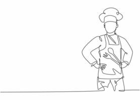 Kontinuierliche einzeilige Zeichnung eines jungen männlichen Kochs, der vor dem Kochen Löffel und Gabel posiert und hält. professioneller Job Beruf minimalistisches Konzept. Einzeilige Zeichnung Design Vektorgrafik Illustration