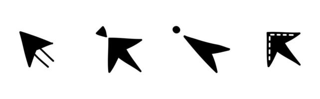 Gekritzel klicken Symbol Satz. Hand gezeichnet Maus Mauszeiger Taste. Digital schwarz Pfeil Zeiger zum Webseite oder Computer Anwendung. Vektor Illustration
