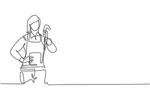 Single One-Line-Zeichnung des weiblichen Klempners der jungen Schönheit, der mit den Händen auf der Hüfte posiert. professionelle arbeit beruf und beruf minimales konzept. durchgehende Linie zeichnen Design-Grafik-Vektor-Illustration vektor
