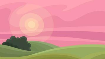 Karikatur eben Hintergrund mit ländlich Landschaft mit ein Rosa Sonnenuntergang vektor