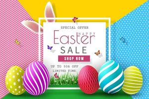 Ostern Verkauf Illustration mit Farbe gemalt Ei und Typografie Element auf abstrakt Hintergrund. Vektor Urlaub Design Vorlage zum Coupon, Banner, Gutschein oder Werbung Poster