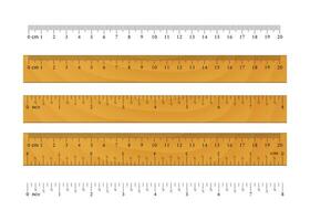 realistisch hölzern Herrscher. metrisch Kaiserliche Lineale. Zentimeter und Zoll. messen Werkzeuge Ausrüstung isoliert auf Weiß Hintergrund vektor