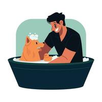 Mann nehmen ein Bad mit ein Hund Vektor Illustration im eben Linie Karikatur Stil