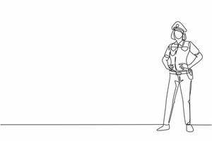 Kontinuierliche Zeichnung einer jungen Schönheitspolizeifrau auf Uniform, die mit den Händen auf der Hüfte steht. professioneller Job Beruf minimalistisches Konzept. Einzeilige Zeichnung Design Vektorgrafik Illustration vektor