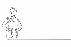 Single One-Line-Zeichnung der weiblichen Stewardess der jungen Schönheit, die mit den Händen auf der Hüfte posiert. professionelle arbeit beruf und beruf minimales konzept. durchgehende Linie zeichnen Design-Grafik-Vektor-Illustration vektor