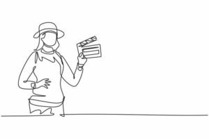 Kontinuierliche einzeilige Zeichnung einer jungen Filmregisseurin hält die Klappe mit den Händen auf der Hüfte. professioneller Job Beruf minimalistisches Konzept. Einzeilige Zeichnung Design Vektorgrafik Illustration vektor