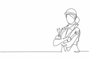 Kontinuierliche einzeilige Zeichnung der jungen Mechanikerin posieren die Kreuzarme, während sie einen Schraubenschlüssel halten. professioneller Job Beruf minimalistisches Konzept. Einzeilige Zeichnung Design Vektorgrafik Illustration vektor