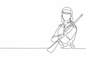 kontinuerlig en linje ritning av ung kvinnlig soldat som bär vapen utgör korsarmar på bröstet. professionellt jobb yrke minimalistiskt koncept. enkel linje rita design vektor grafisk illustration
