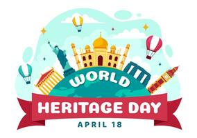 Welt Erbe Tag Vektor Illustration auf 18 April zum Gedenk- Monumente und Websites von verschiedene Länder im eben Hintergrund