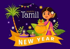 Lycklig tamil ny år vektor illustration med vishu blommor, kokos, ljus, kastruller och indisk hindu festival i platt tecknad serie bakgrund design