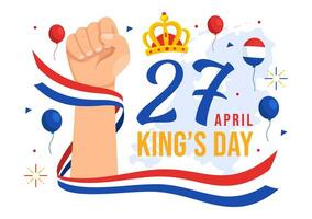 glücklich Könige Niederlande Tag Vektor Illustration auf 27 April mit winken Flaggen und Band im König Feier eben Karikatur Hintergrund Design